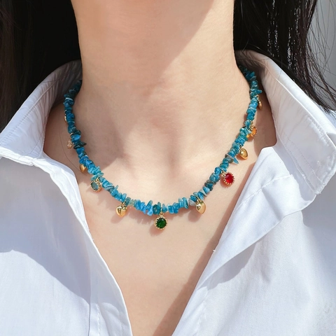 Set di Gioielli Bohemien con Perline in Pietra Naturale Placcato Oro Vero Ottone Cuore Zircone Collana Bracciale Orecchini per Donna