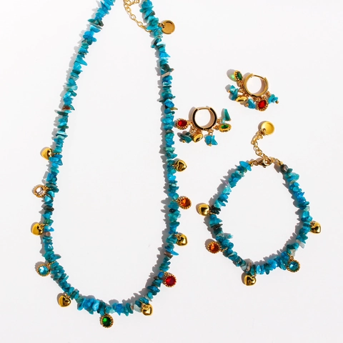 Set di Gioielli Bohemien con Perline in Pietra Naturale Placcato Oro Vero Ottone Cuore Zircone Collana Bracciale Orecchini per Donna