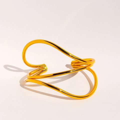 Meerlaagse Holle Golf Manchet Armband Messing Verguld Verstelbaar Open Spiegelglans Statement Sieraden Mode