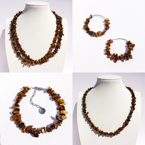 Set di Gioielli con Perline in Pietra Occhio di Tigre Naturale per Donna Collana a Strati Bracciale Orecchini a Cerchio