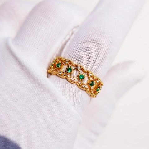 Retro Court Style Open Ring For Women Brass With Green And White Zircon Hollow Lace Pattern Medieval Adjustable