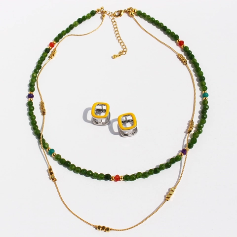 Double Layer Necklace Green Faceted Stone Beads Brass Gold Plated Chain Bohemian Style Jewelry For Women