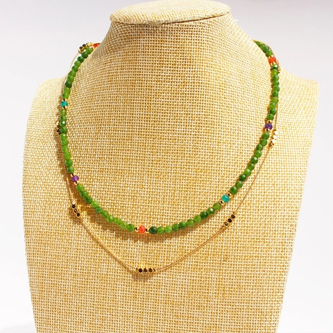 Double Layer Necklace Green Faceted Stone Beads Brass Gold Plated Chain Bohemian Style Jewelry For Women