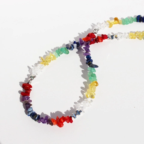 Handmade Beaded Choker Necklace Brass Irregular Natural Stone Chips Rainbow Crystals Amethyst Bohemian Jewelry Women