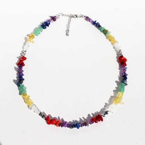 Handmade Beaded Choker Necklace Brass Irregular Natural Stone Chips Rainbow Crystals Amethyst Bohemian Jewelry Women