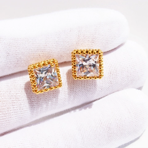 Square Stud Earrings Cubic Zirconia Brass Beaded Edge Geometric Hollowed With 925 Sterling Silver Earring Post Vintage
