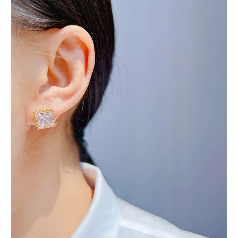 Square Stud Earrings Cubic Zirconia Brass Beaded Edge Geometric Hollowed With 925 Sterling Silver Earring Post Vintage