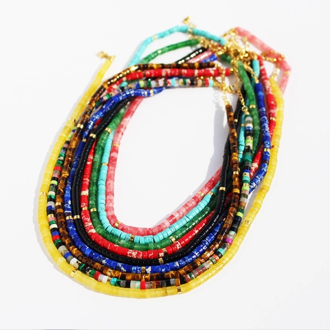 Collana Bohemian in Pietra Naturale con Perline Heishi per Donna Ottone Placcato Oro Turchese Lapislazzuli Occhio di Tigre Regolabile