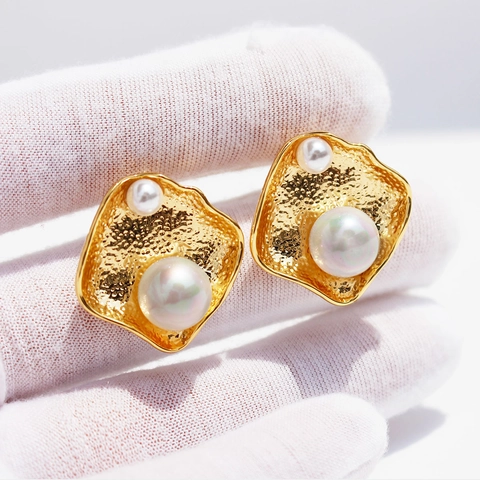 Irregular Geometric Stud Earrings With Artificial Pearl Hammered Brass And 925 Sterling Silver Earring Post Vintage Gold Style Women