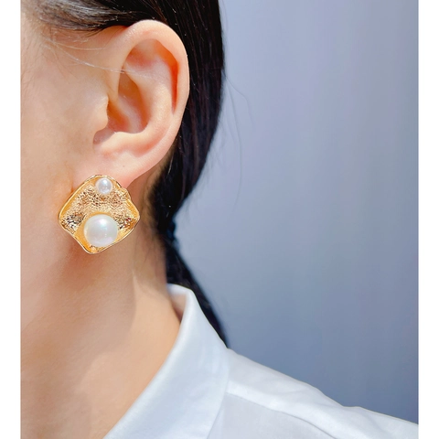 Irregular Geometric Stud Earrings With Artificial Pearl Hammered Brass And 925 Sterling Silver Earring Post Vintage Gold Style Women