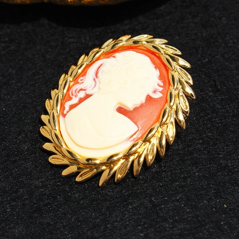 Vintage Cameo Brosche Französischer Stil Porträt Dame Gold Vergoldetes Messing Weizenähre Rand Für Frauen Elegantes Accessoire