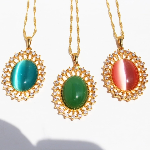 Collana con Pendente Ovale in Pietra Occhio di Gatto Ottone Placcato Oro Zirconia Gioielli di Lusso per Donna Matrimonio