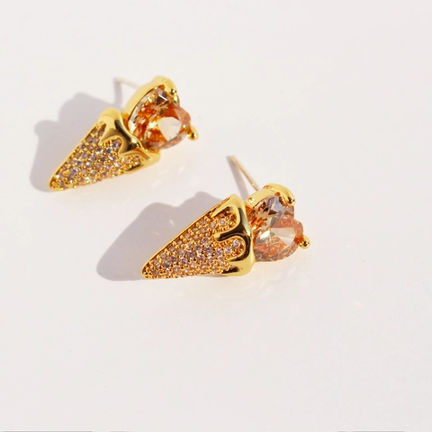 Pendientes De Botón Cono De Helado Latón Corazón Circón Lindo Creativo Con Poste De Plata Esterlina 925 Para Mujeres