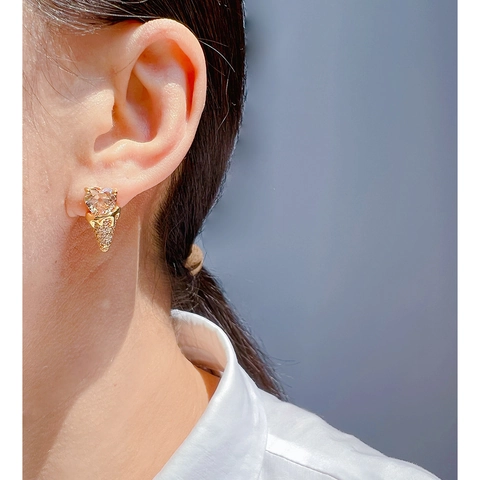 Pendientes De Botón Cono De Helado Latón Corazón Circón Lindo Creativo Con Poste De Plata Esterlina 925 Para Mujeres