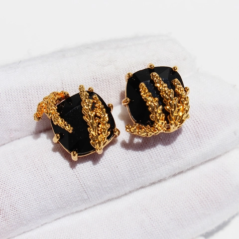Square Black Gemstone Stud Earrings With Wheat Ear Brass Gold Plated And 925 Sterling Silver Earring Post Vintage French