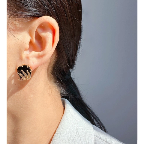 Square Black Gemstone Stud Earrings With Wheat Ear Brass Gold Plated And 925 Sterling Silver Earring Post Vintage French