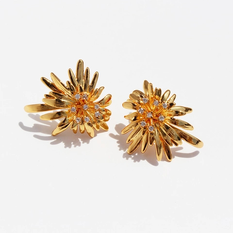 Orecchini A Lobo Girasole Oro Vintage Per Donna Ottone Zircone Design Fuochi D'Artificio Con Perno In Argento 925