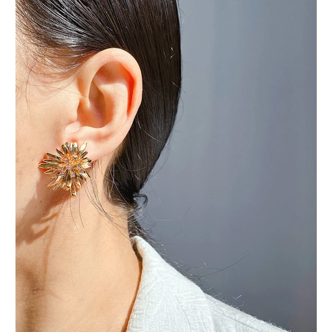 Orecchini A Lobo Girasole Oro Vintage Per Donna Ottone Zircone Design Fuochi D'Artificio Con Perno In Argento 925