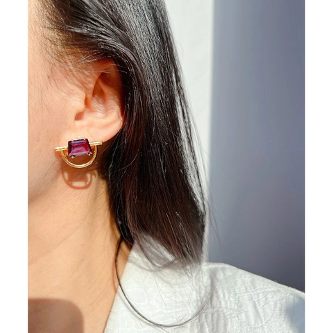 Boucles Oreilles Clous Géométriques Zircon Violet Laiton Plaqué Or Avec Tige En Argent Sterling 925 Moderne Femmes