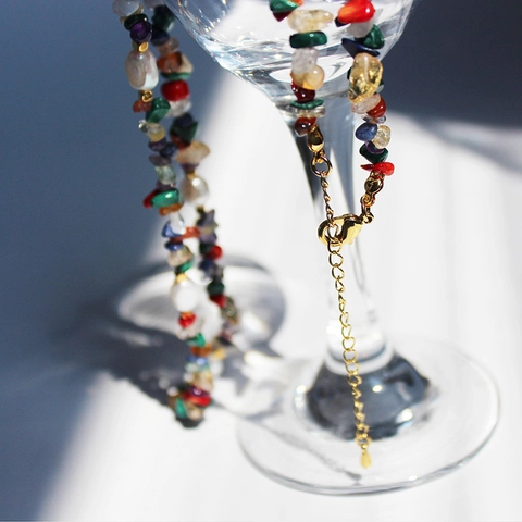 Bohemian Beaded Necklace With Multi Color Natural Stones And Freshwater Pearls Brass Plated Vintage Handmade For Women