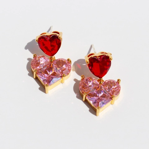 Orecchini Pendenti A Doppio Cuore Ottone Placcato Oro Zircone Con Perno In Argento Sterling 925 Rosa Rosso Romantico