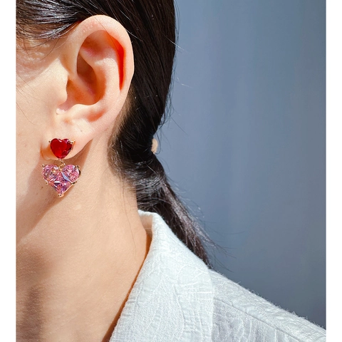 Orecchini Pendenti A Doppio Cuore Ottone Placcato Oro Zircone Con Perno In Argento Sterling 925 Rosa Rosso Romantico