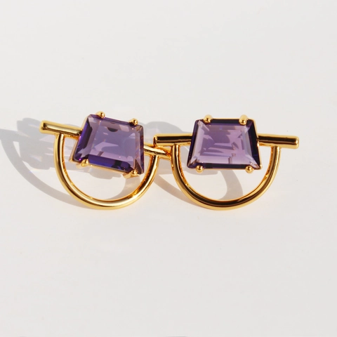 Boucles Oreilles Clous Géométriques Zircon Violet Laiton Plaqué Or Avec Tige En Argent Sterling 925 Moderne Femmes