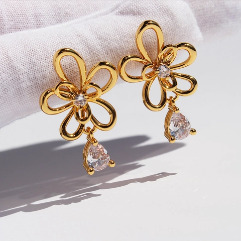 Hollow Flower Drop Earrings With Zircon Water Drop Dangle Elegant Brass Jewelry With 925 Sterling Silver Earring Post