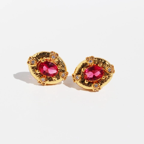 Vintage Oval Red Zircon Stud Earrings With 925 Sterling Silver Earring Post Brass Gold Plated Palace Style For Women