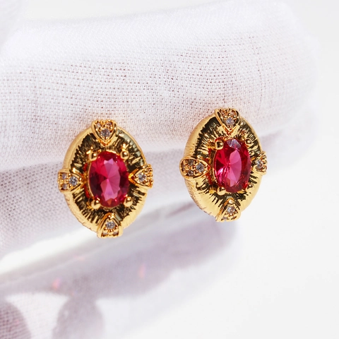 Vintage Oval Red Zircon Stud Earrings With 925 Sterling Silver Earring Post Brass Gold Plated Palace Style For Women