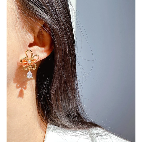 Hollow Flower Drop Earrings With Zircon Water Drop Dangle Elegant Brass Jewelry With 925 Sterling Silver Earring Post