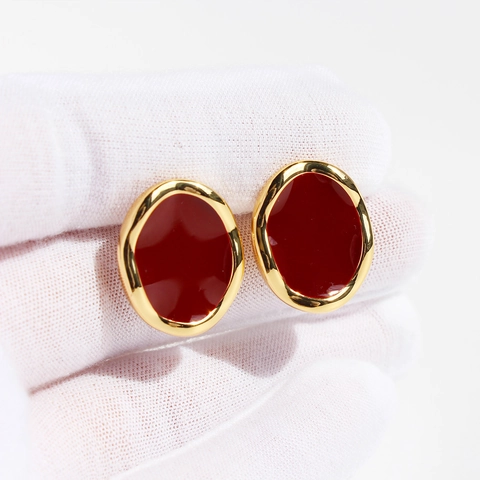 Vintage Enamel Oval Stud Earrings For Women French Style Gold Plated Brass Geometric Jewelry With 925 Sterling Silver Post
