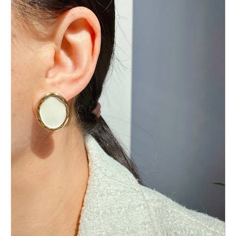 Vintage Enamel Oval Stud Earrings For Women French Style Gold Plated Brass Geometric Jewelry With 925 Sterling Silver Post