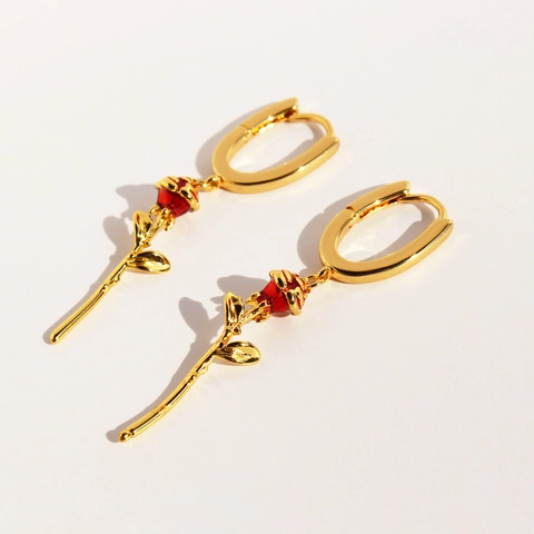 Rose Flower Drop Earrings Red Enamel Brass Gold Plated U Shaped Hoop Dangle Elegant Vintage Floral Jewelry For Women
