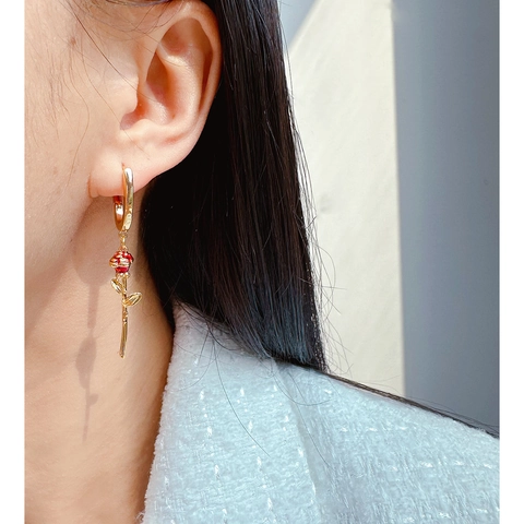 Rose Flower Drop Earrings Red Enamel Brass Gold Plated U Shaped Hoop Dangle Elegant Vintage Floral Jewelry For Women