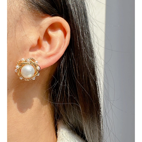 Pendientes De Perlas Artificiales Vintage Franceses Latón Redondo Marco Dorado Torsado Con Poste De Plata Esterlina 925 Mujer