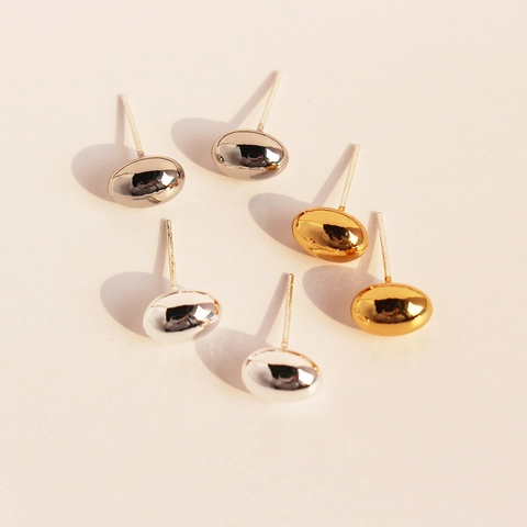 Pendientes Boton Frijol Laton Geometrico Ovalado Espejo Joyeria Con Poste Plata Ley 925 Para Mujeres