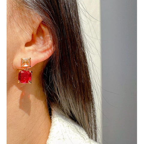 Vintage Square Brass Drop Earrings With Zircon And 925 Sterling Silver Earring Post Elegant Red Jewelry For Women