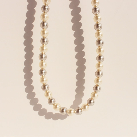 Two Tone Artificial Pearl Necklace Vintage French Style Brass With Grey White Artificial Pearls Zircon Inlaid Sweater Chain For Women
