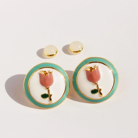 Vintage Round Enamel Stud Earrings With Pink Tulip Flower Design Brass And 925 Sterling Silver Earring Post For Women