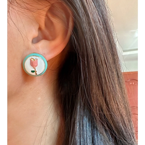 Vintage Round Enamel Stud Earrings With Pink Tulip Flower Design Brass And 925 Sterling Silver Earring Post For Women