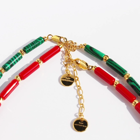 Collier en Perles de Malachite et Laiton Rétro pour Femmes Nouveau Style Chinois Perles Cylindriques en Pierre Rouge Bijoux Cadeau