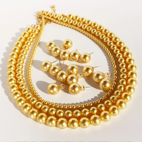 Set Collana e Orecchini a Bottone in Ottone Placcato Oro con Perle e Zirconia Perno in Argento Sterling 925 Gioielli Moda Donna