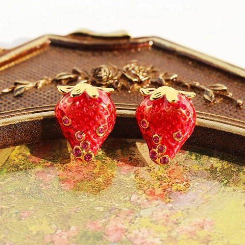 Strawberry Stud Earrings Enamel Brass Zircon With 925 Sterling Silver Earring Post Sweet Retro Hand Painted Jewelry