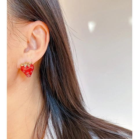 Strawberry Stud Earrings Enamel Brass Zircon With 925 Sterling Silver Earring Post Sweet Retro Hand Painted Jewelry