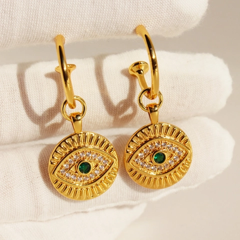 24K Vergoldete Messing Böser Blick Ohrhänger Mit 925 Sterlingsilber Stift Vintage Zirkonia Türkischer Schmuck Für Damen