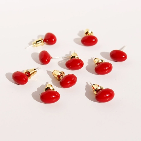 Exquisite Red Bean Enamel Glaze Brass Stud Earrings With 925 Sterling Silver Earring Post Minimalist Oval Red Jewelry Women