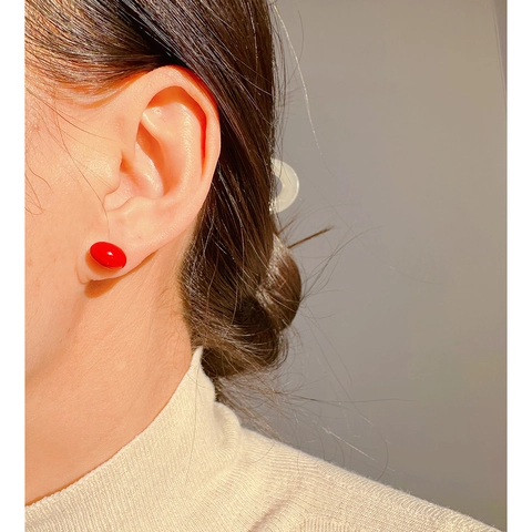 Exquisite Red Bean Enamel Glaze Brass Stud Earrings With 925 Sterling Silver Earring Post Minimalist Oval Red Jewelry Women