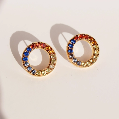 Boucles D'oreilles Puces Cercle Arc-En-Ciel Avec Tige En Argent Sterling 925 Zircone Colorée Laiton Bijoux