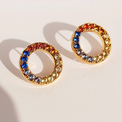 Boucles D'oreilles Puces Cercle Arc-En-Ciel Avec Tige En Argent Sterling 925 Zircone Colorée Laiton Bijoux